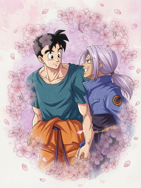 Adult Gohan and Future Trunks standing close beneath cherry blossoms, smiling at each other in a soft Truhan spring romance fanart.