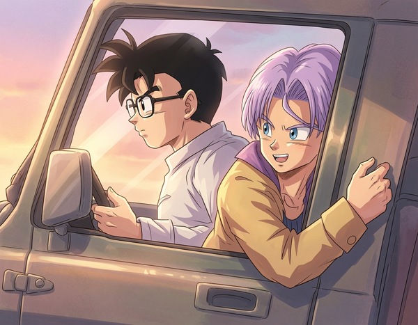 Adult Gohan driving while Future Trunks leans out of the car window at sunset, smiling during a soft Truhan road trip fanart scene.
