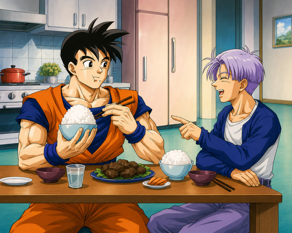 Future Gohan eating a large bowl of rice while Future Trunks laughs across the table in a Capsule Corp kitchen, in a soft Truhan slice of life fanart.