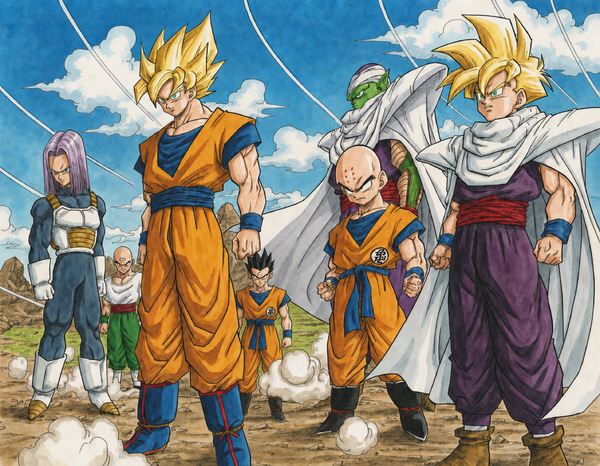 Restored official Dragon Ball Z shitajiki showing Super Saiyan Goku, Super Saiyan Gohan, Piccolo, Future Trunks, Krillin, Yamcha and Tien in a Cell Games group composition.