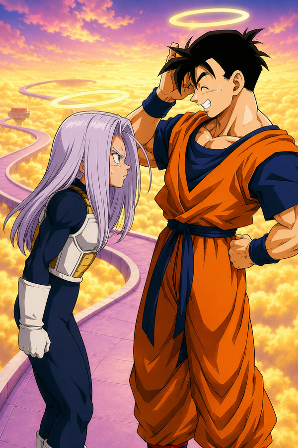 Future Trunks meeting Future Gohan in the afterlife above the clouds, during the brief moment after Cell kills him and before his resurrection, in a Dragon Ball AU fanart.