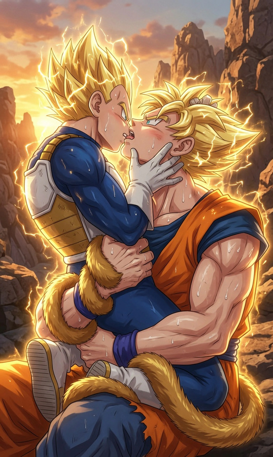 Super Saiyan Vegeta kissing Super Saiyan Goku in a rocky battlefield, with golden tails, lightning aura and primal VegeKaka Saiyan BL tension.