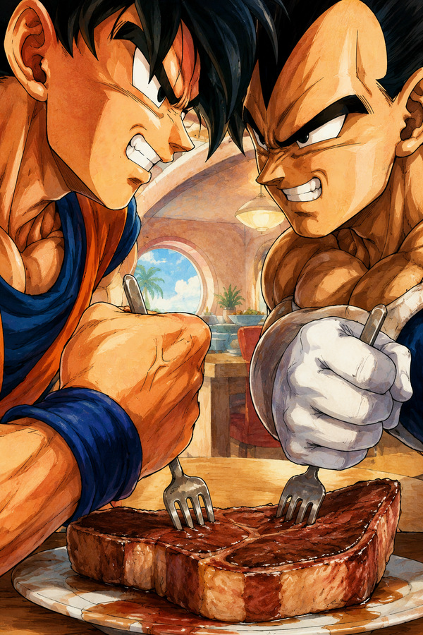 Vegeta and Goku glaring at each other while eating the same giant steak in a humorous VegeKaka rivalry fanart.