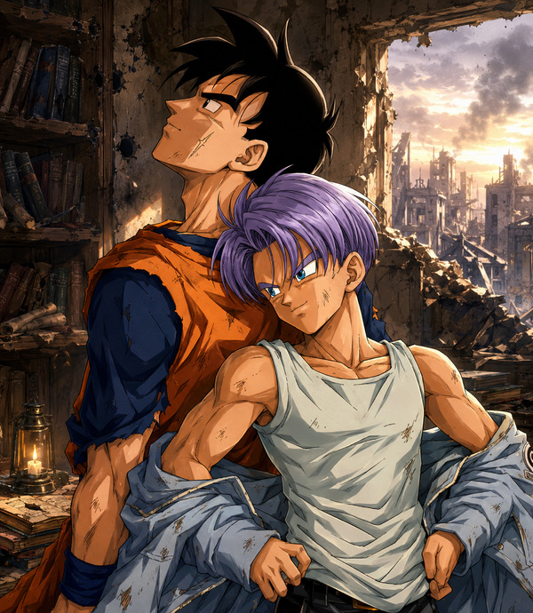 Future Gohan and Future Trunks standing together in a ruined building in a History of Trunks inspired Dragon Ball fanart.