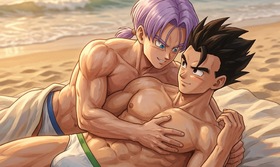 Adult Gohan x Future Trunks Beach Sunset — Truhan Summer Romance Fanart