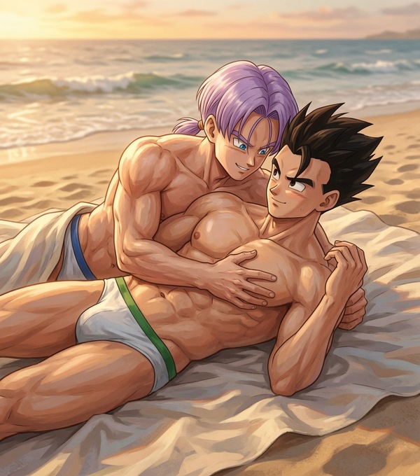 Adult Gohan and Future Trunks lying close together on a beach at sunset in swimwear, sharing a soft Truhan summer romance moment.