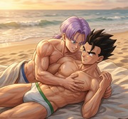 Adult Gohan x Future Trunks Beach Sunset — Truhan Summer Romance Fanart
