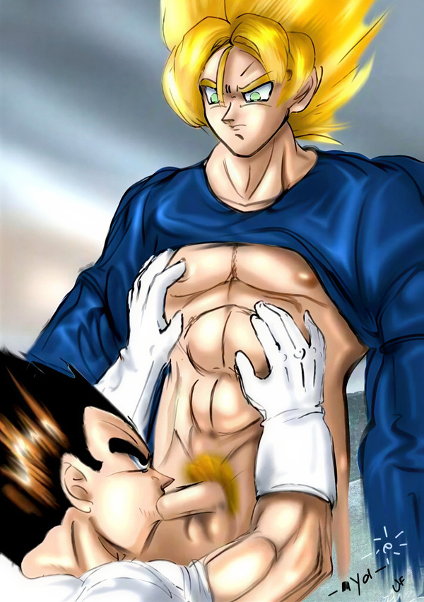 Restored Maetel fanart of adult Vegeta kneeling before Super Saiyan Goku in a mature explicit VegeKaka scene from the early DBZ BL old web archive.