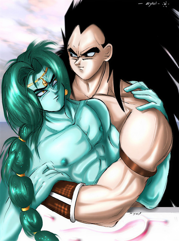 Restored Maetel fanart of adult Raditz holding Zarbon in a mature non-explicit rare DBZ BL pairing from the old web archive.