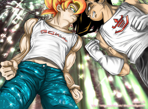 Restored Maetel fanart of Super Saiyan Goku and Vegeta in a soft forest kiss scene, preserved from the old web Kakavege DBZ BL archive.