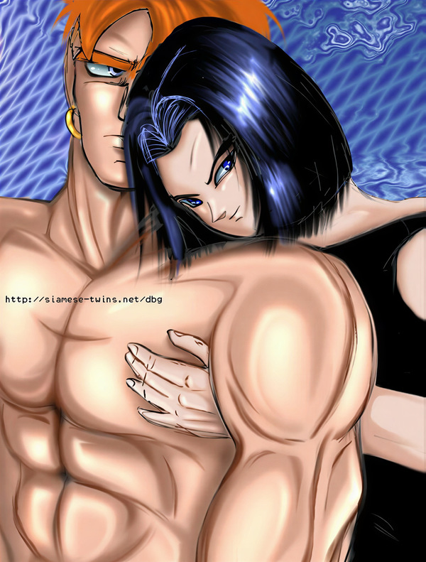 Restored Maetel fanart of adult Android 17 resting close against Android 16 in a mature non-explicit rare DBZ BL pairing from the old web archive.
