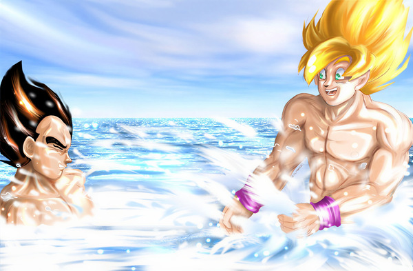Restored Maetel fanart of Super Saiyan Goku splashing water near Vegeta in a playful old web Kakavege DBZ BL archive scene.