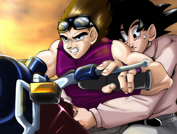 Restored Maetel fanart of Vegeta driving a motorcycle while Goku clings behind him in a playful old web VegeKaka DBZ BL archive scene.