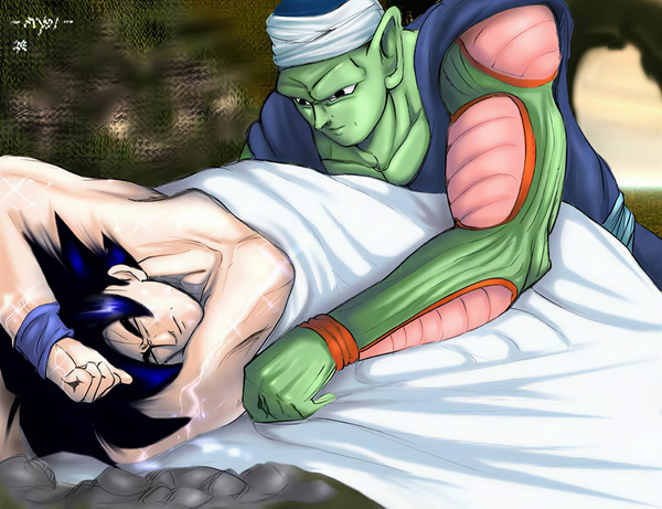 Restored Maetel fanart of adult Piccolo and Goku in a mature non-explicit rare DBZ BL pairing, preserved from the old web archive.
