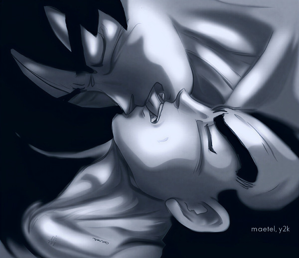 Restored Maetel monochrome fanart of adult Goku and Vegeta sharing a close-up kiss in a soft old web Kakavege DBZ BL archive image.