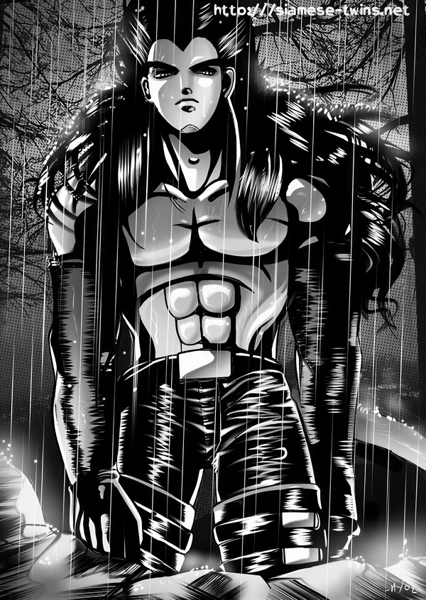Restored Maetel fanart of adult Vegeta standing alone in a black leather outfit under rain, shown in a monochrome gothic old web Saiyan archive portrait.