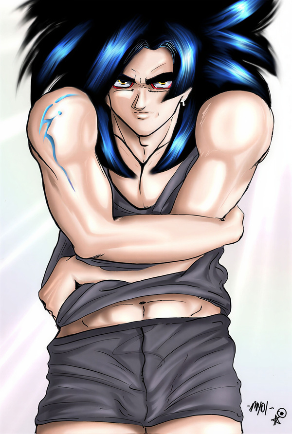 Restored Maetel fanart of adult Goku standing alone with crossed arms in a suggestive old web Solo Saiyan archive portrait.