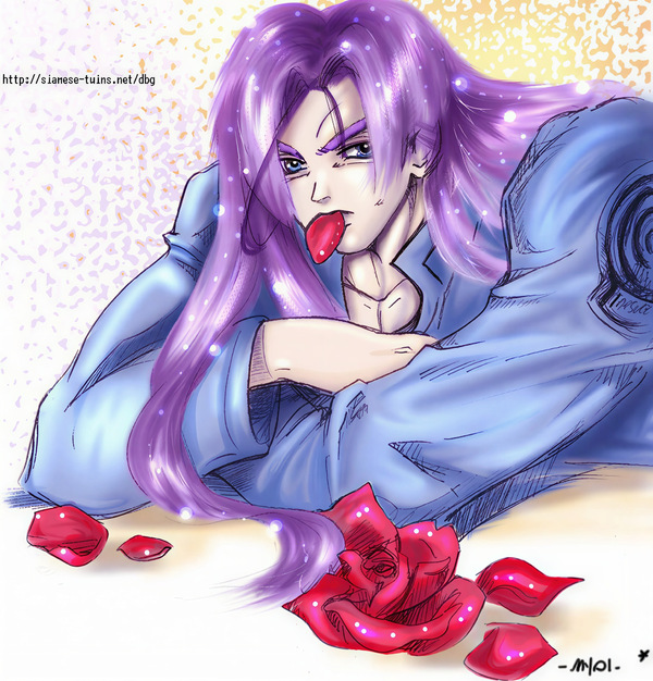 Restored Maetel fanart of Future Trunks with rose petals, wondering whether Gohan loves him in a soft Truhan old web DBZ BL archive image.