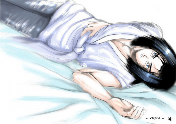 Restored Maetel fanart of adult Android 17 lying down in a soft suggestive solo portrait from the old web DBZ BL archive.