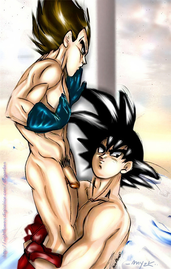 Restored adult Dragon Ball fanart showing Goku holding Vegeta in an intense intimate Kakavege scene from a classic old web archive.
