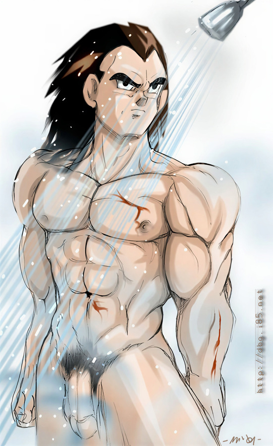 Restored Maetel fanart of adult Vegeta standing alone under a shower in a mature Solo Saiyan old web archive portrait.