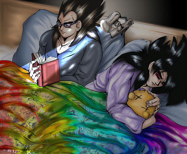Restored Maetel fanart of adult SSJ4 Kakarot and the Prince of All Saiyans in bed, with one reading and the other sleeping while holding a plush toy in a cozy nighttime scene.