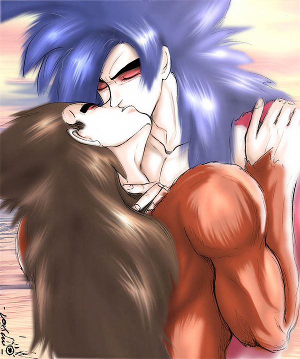 Restored Maetel fanart of adult SSJ4 Goku kissing Vegeta in a close KakaVege scene from the old web Dragon Ball GT archive.