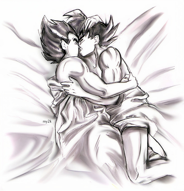 Restored Maetel sketch of adult Goku and Vegeta kissing in bed, shown as a soft mature old web Kakavege DBZ BL archive image.