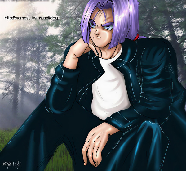 Restored Maetel fanart of Future Trunks sitting alone in a misty forest, wondering how to confess his feelings for Gohan in a soft Truhan old web archive image.