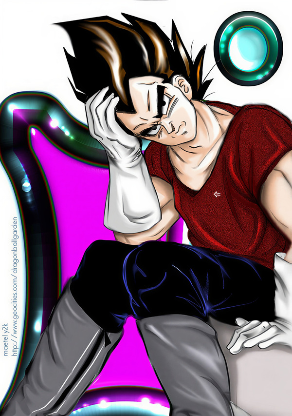 Restored Maetel fanart of adult Vegeta sitting alone in a futuristic starship-like room, shown as a Solo Saiyan old web archive portrait.