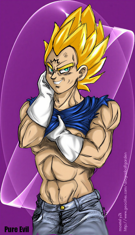 Restored Maetel fanart of Majin Vegeta posing alone with a confident smirk, exposed torso, and dark seductive energy in a vintage old web DBZ archive style.