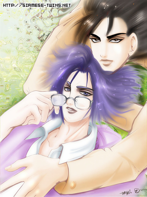 Restored Maetel fanart of Future Trunks wearing Gohan’s glasses while Gohan stands close behind him in a soft Truhan old web DBZ BL archive image.