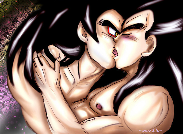Restored Maetel fanart of adult SSJ4 Goku and SSJ4 Vegeta sharing a close-up kiss in a mature Kakavege old web DBZ BL archive image.