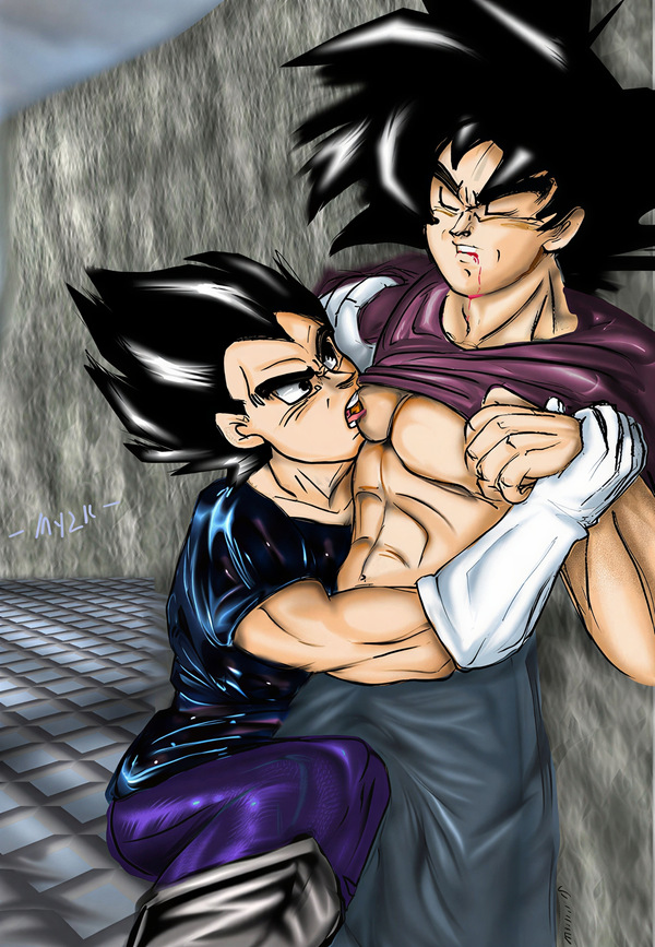 Restored Maetel fanart of adult Vegeta pressing close to battle-worn Kakarot against a wall in a mature VegeKaka old web DBZ BL archive scene.