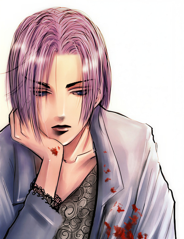 Restored Maetel fanart of Future Trunks in a white coat with small blood stains, shown as a melancholic solo old web DBZ BL archive portrait.