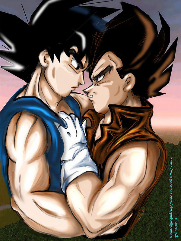 Restored Maetel fanart of adult Vegeta standing very close to Goku with a gloved hand on his chest in a tense VegeKaka old web DBZ BL archive scene.