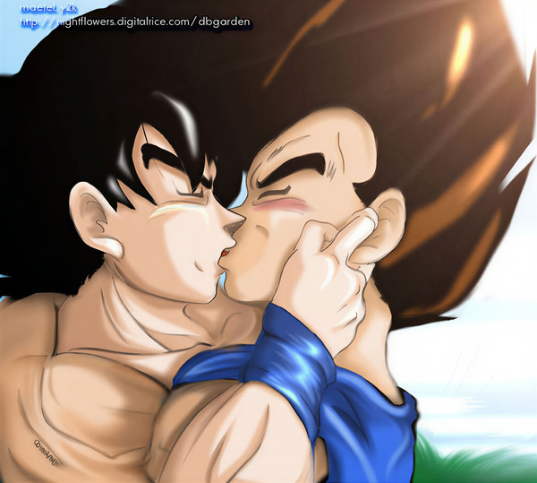 Restored Maetel fanart of adult Kakarot kissing Vegeta and touching his face while Vegeta blushes in a soft old web Kakavege DBZ BL archive image.