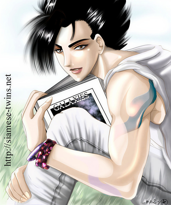 Restored Maetel fanart of adult Gohan holding a Galaxies magazine in a soft fashion-style solo portrait from the old web DBZ BL archive.