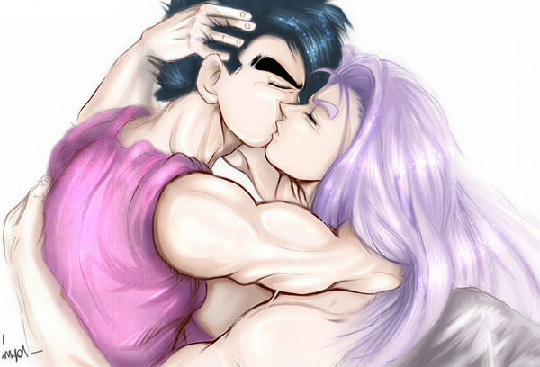 Restored Maetel fanart of adult Gohan and Future Trunks sharing a soft kiss in a tender Truhan old web archive image.