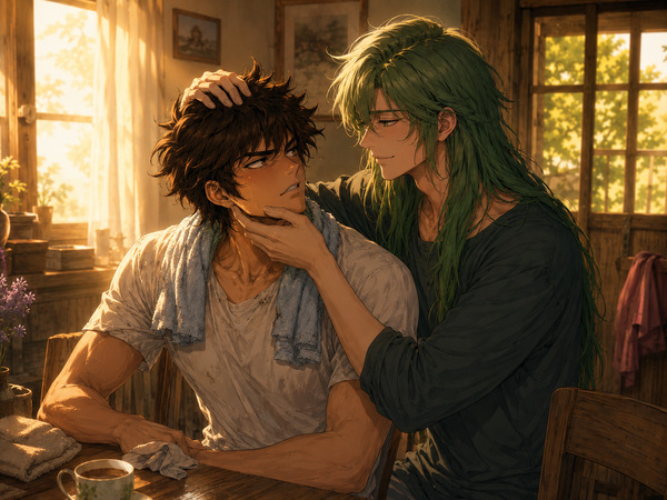 Adult Pegasus Seiya sits exhausted at a wooden table while Andromeda Shun lifts his chin and rests a protective hand in his hair inside a sunlit room.