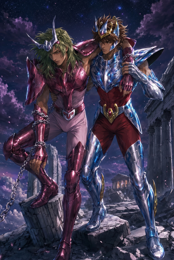 Pegasus Seiya supports an injured Andromeda Shun in damaged Bronze Cloths as they walk through ruined columns beneath a star-filled night sky.