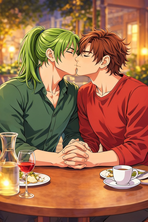 Adult Pegasus Seiya and Andromeda Shun kiss across a wooden table under warm evening light, their hands clasped beside a glass and coffee cup.