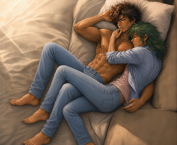 Adult versions of Pegasus Seiya and Andromeda Shun sleep together on pale cushions, with Shun resting across Seiya while Seiya gently touches his green hair.