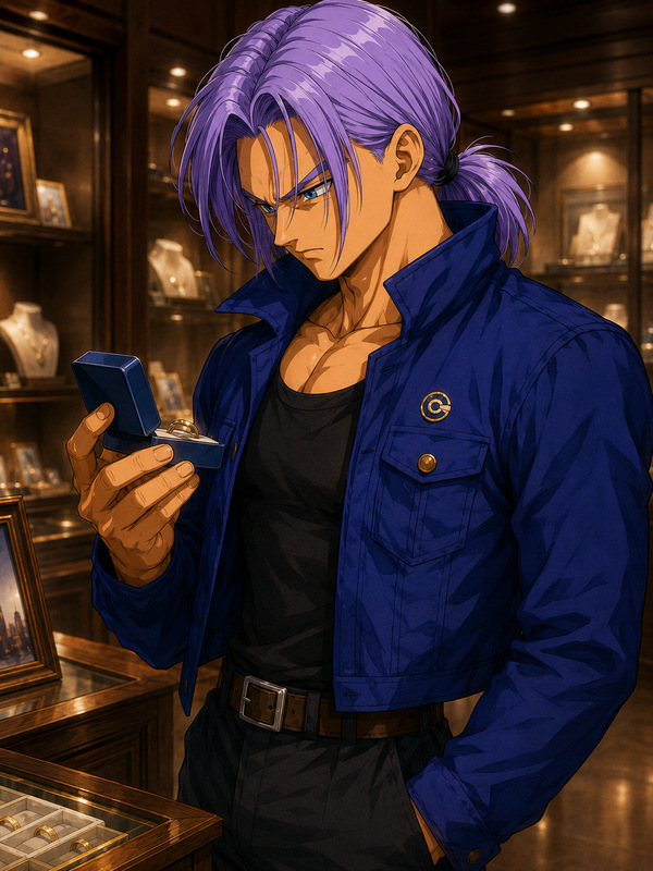 "Future Trunks stands at a doorway, back turned to the viewer, shoulders tense with the weight of timelines. In his hands, a worn jacket folds like a promise half-kept—its inner pocket hiding a small red velvet box. Morning light bleeds through the frame, casting long shadows across his boots (still dusty from Mount Paozu’s soil). Behind him: Gohan’s blurred silhouette in the kitchen, humming off-key over burnt toast. The moment hangs suspended—not in battle, but in the quiet terror of choosing softness. Tag: #DBZBlues #KintsugiQuiet #ThresholdEternity"
