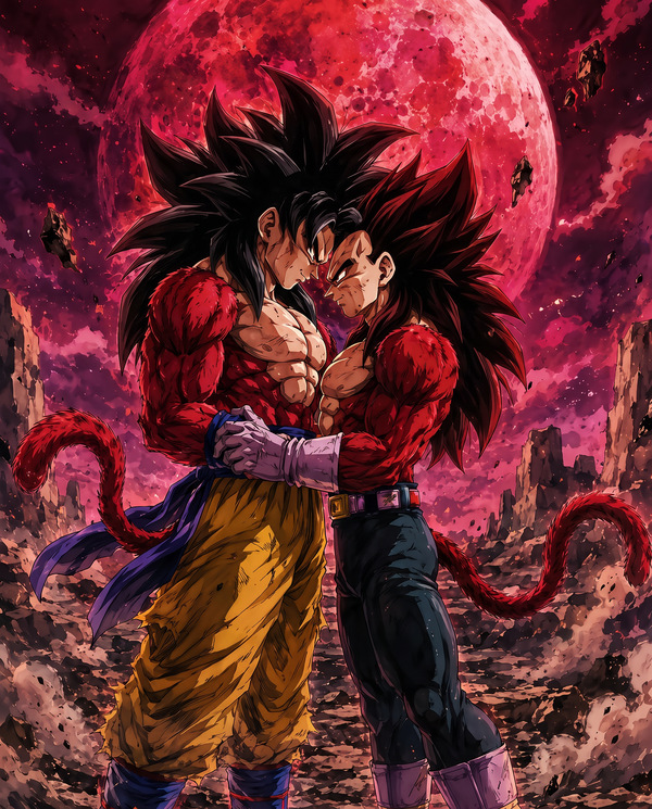 SSJ4 Goku and SSJ4 Vegeta embracing under a red blood moon in a ruined battlefield, with tails and primal Saiyan energy in a Kakavege BL fanart.