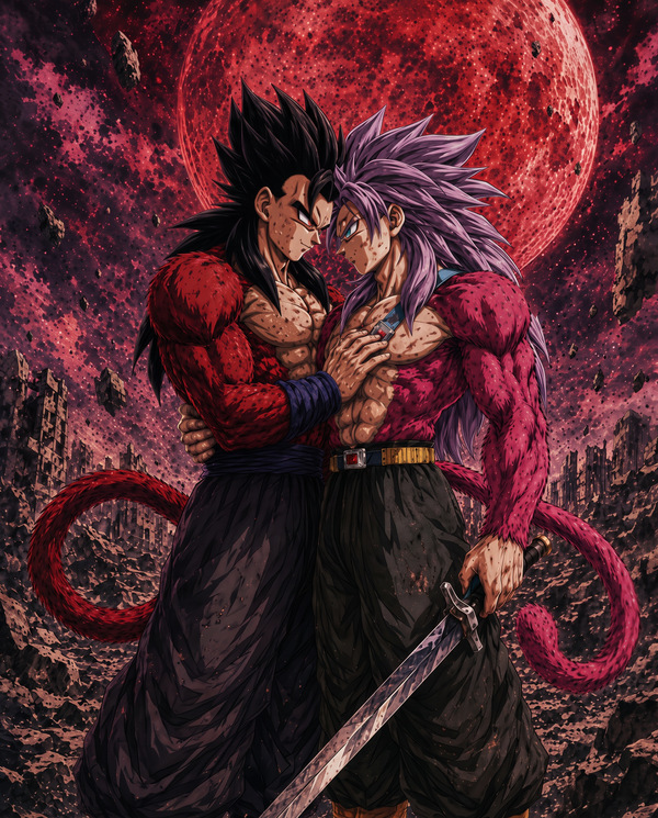 Adult Gohan and Future Trunks stand close in SSJ4 forms under a blood moon in this primal Truhan Saiyan BL fanart.