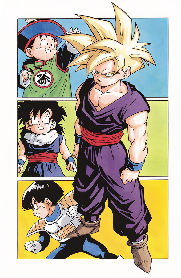Official Dragon Ball Z Kai artbook scan showing Gohan in multiple designs, including child Gohan, battle armor Gohan and Super Saiyan Gohan as a character reference.