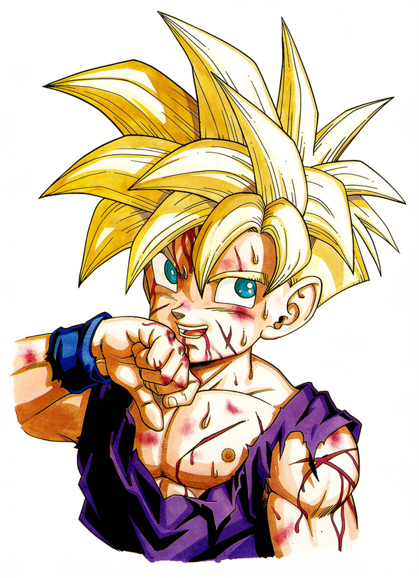 Dragon Ball Z artwork of SSJ Gohan with battle damage, torn purple gi, blood marks and golden Super Saiyan hair, archived as a Cell Saga visual reference.