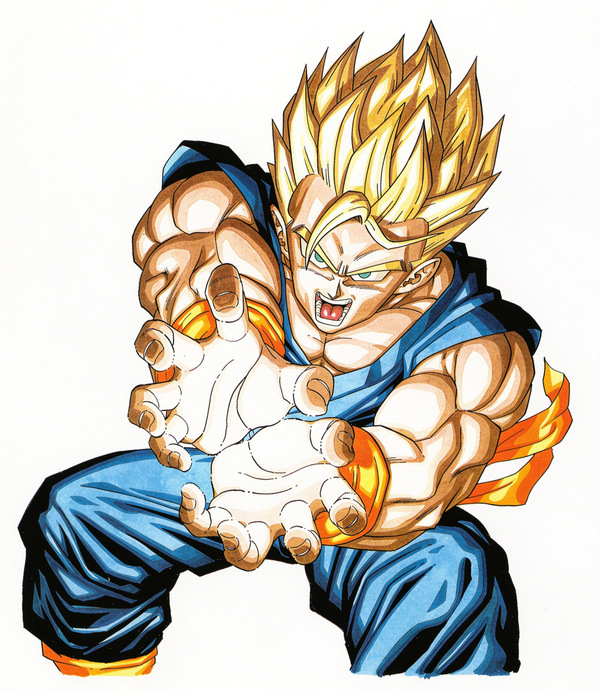 Dragon Ball Z artwork of SSJ Gohan launching an energy attack with open hands, golden Super Saiyan hair and a dynamic battle pose on a white background.