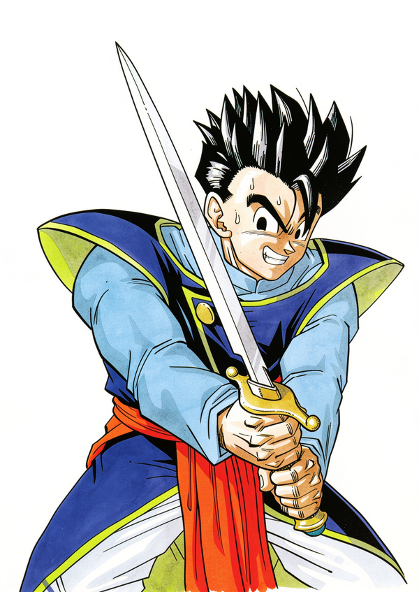 Dragon Ball Z artwork of Gohan holding a sword in a blue and green adventure-style outfit, archived as a visual reference for costume variation and character design.